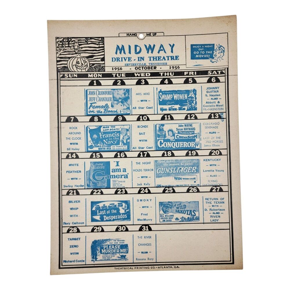 1956 Drive-In Theater Movie Calendar Poster Halloween October Original